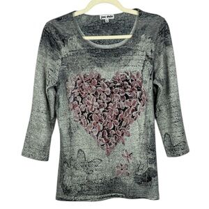 Jac Dale Gray Pink Casual Butterfly Floral Heart Graphic 3/4 Sleeve Medium Top